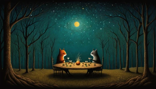 gnomes at table,christmas scene,campfire,night scene,nativity,celebration of witches,three wise men,fox and hare,fantasy picture,soyuzmultfilm,the three wise men,fairy forest,dinner for two,sleigh with reindeer,kupala,christmas manger,enchanted forest,red riding hood,kittelsen,christmas landscape,Illustration,Abstract Fantasy,Abstract Fantasy 19