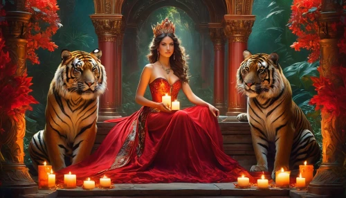 lady in red,fantasy picture,lionesses,red,she feeds the lion,rojos,leos,draupadi,fantasy art,mastani,navaratri,sekhmet,habanera,kshetra,sundari,nayer,red roses,tigra,vermelho,zodiac sign leo,Conceptual Art,Fantasy,Fantasy 05