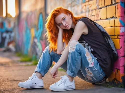girl in t-shirt,girl in overalls,skater,grunge,girl sitting,jeans background,relaxed young girl,young woman,converse,maci,vlada,female model,redhair,photo session in torn clothes,teen,beautiful young woman,sneakers,juliet,ripped jeans,barbora,Illustration,Retro,Retro 20