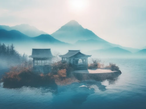 house with lake,lonely house,floating huts,japan landscape,landscape background,house by the water,fantasy landscape,foggy landscape,home landscape,mountain lake,house in mountains,tranquility,beautiful lake,seclusion,mountainlake,calm water,blue waters,seclude,floating over lake,fantasy picture,Photography,Artistic Photography,Artistic Photography 07