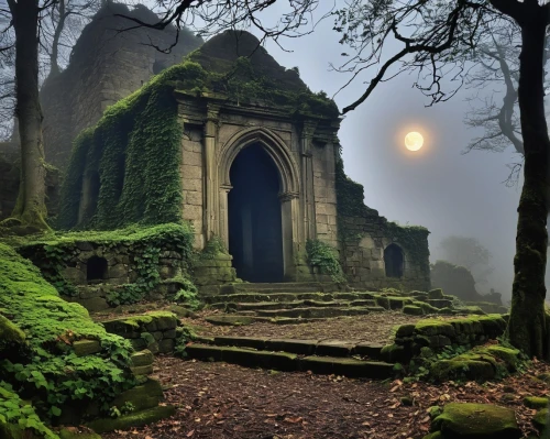 haunted cathedral,ghost castle,forest chapel,witch's house,sunken church,mystical,monasteries,ancient ruins,haunted castle,witch house,mausoleum ruins,monastic,nunery,michel brittany monastery,ruins,the mystical path,abandoned places,sepulchres,fairytale castle,monastery,Illustration,Retro,Retro 18
