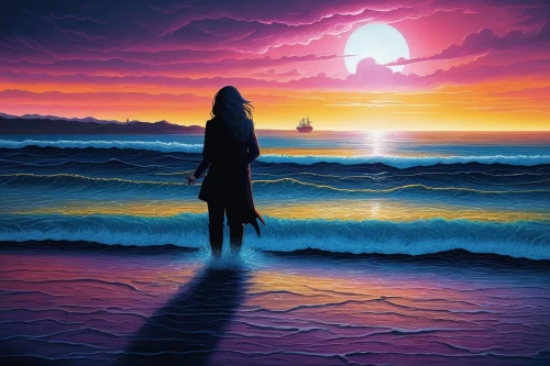 sea night,ocean,the endless sea,dark beach,ocean background,sun and sea,seascape,world digital painting,la violetta,beach background,silhouette art,sailing blue purple,woman silhouette,the horizon,sea landscape,digital art,mermaid silhouette,seadrift,fantasy picture,the sea,Illustration,Realistic Fantasy,Realistic Fantasy 25