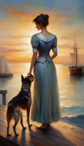 girl with dog,the sea maid,girl on the boat,pilgrim,hildebrandt,pittura,fisherwoman,romantic portrait,flamenca,aivazovsky,mesdag,fantasy picture,oil painting,gitana,sea landscape,girl in a long dress,seafaring,maidservant,habanera,girl with a dolphin,Conceptual Art,Daily,Daily 32