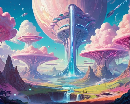 mushroom landscape,futuristic landscape,alien world,fantasy landscape,alien planet,mushroom island,wonderlands,fairy world,homeworld,homeworlds,skylands,dreamlands,cosmos field,3d fantasy,mesosphere,fantasy world,offworld,terraformed,planetaria,farpoint,Conceptual Art,Sci-Fi,Sci-Fi 04
