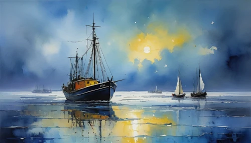 sailing blue yellow,siggeir,moorings,sailing boat,waterglobe,aivazovsky,salminen,fishing boats,sailing boats,blue painting,sailing blue purple,dubbeldam,sail boat,lightships,bluenose,schoolship,sailing,huybrechts,thordarson,oil painting on canvas,Art,Artistic Painting,Artistic Painting 32