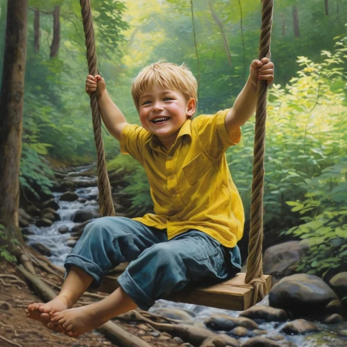 happy children playing in the forest,oil painting on canvas,oil painting,children's background,hyperrealism,rope swing,heatherley,oil on canvas,tarzan,wooden swing,free wilderness,children jump rope,duncanson,children play,world digital painting,photorealist,digital painting,climbing forest,forest background,children playing,Illustration,Paper based,Paper Based 05