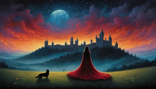 fantasy picture,red cape,fantasy art,world digital painting,fairy tale,fantasia,a fairy tale,dracula,knight tent,cirque,hamelin,dream world,fantasy landscape,scythe,wonderlands,nacht,dreamlands,3d fantasy,transylvania,fairy tale icons,Illustration,Abstract Fantasy,Abstract Fantasy 19