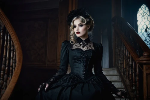 victoriana,gothic dress,victorian style,gothic style,victorian lady,victorian,gothic woman,gothic portrait,dark gothic mood,doll's house,girl on the stairs,old victorian,gothic,the victorian era,abigaille,staircase,countess,victorianism,vampy,knightley,Photography,Black and white photography,Black and White Photography 01
