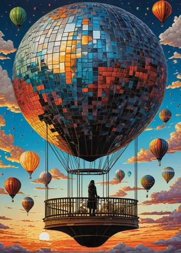 prism ball,balloon trip,balloonist,mirrorball,skycycle,ballooning,epcot ball,balloonists,mirror ball,balloon,montgolfier,musical dome,colorful balloons,imaginationland,parachute,thorgerson,dirigible,ballon,waterglobe,globes,Illustration,Black and White,Black and White 01