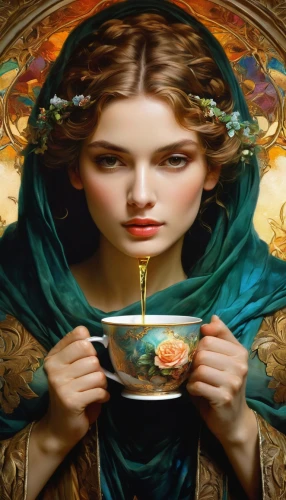 woman drinking coffee,girl with cereal bowl,coffee tea illustration,cupbearer,tea drinking,woman at cafe,pouring tea,turkish coffee,qabalah,teacup,teatime,coffee background,goldenrod tea,camomile tea,espresso,tea time,café au lait,servies,cup of coffee,woman with ice-cream,Conceptual Art,Fantasy,Fantasy 05