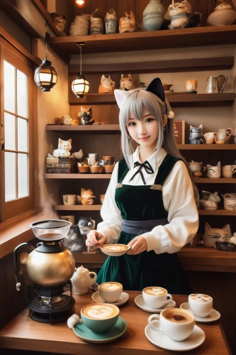 doll kitchen,pouring tea,chocola,girl in the kitchen,japanese tea,sakuya,peko,tea zen,keine,teatime,tea service,touhou,cupbearer,watercolor tea shop,teahouse,komeda,teashop,tea ceremony,tea pot,cookery,Illustration,Black and White,Black and White 02