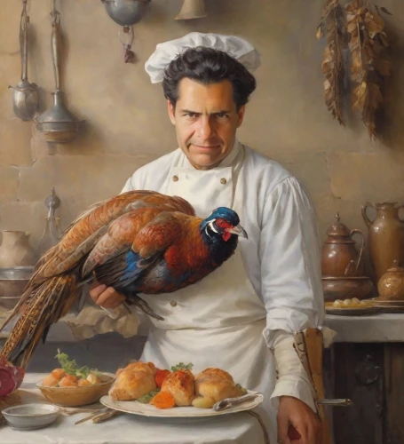 poussin,domestic bird,deluise,cookery,poussaint,italian painter,mostovoy,godbout,chef,lobanov,emeril,roasted pigeon,heatherley,nestruev,chudinov,rousseau,sweerts,domestic chicken,ortolani,napoletana,Digital Art,Impressionism