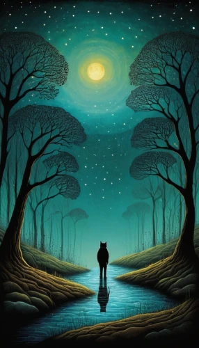 night scene,moonwalked,kittelsen,moonlit night,nacht,blue moon,fantasy picture,ufos,howling wolf,moon and star background,moonwalks,moonlighters,big moon,hanging moon,mushroom landscape,ufo,moonshadow,moonwalk,werewolve,moon walk,Illustration,Abstract Fantasy,Abstract Fantasy 19