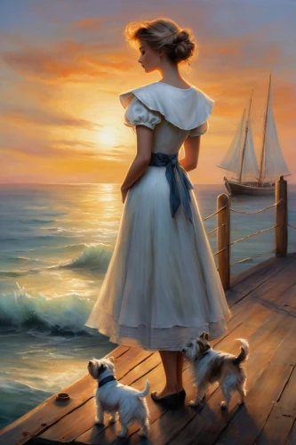 the sea maid,fantasy picture,girl with dog,donsky,girl on the boat,at sea,seafaring,world digital painting,maidservant,sailing,little girl in wind,romantic scene,jack russell,romantic portrait,by the sea,coville,sea landscape,pittura,seafarer,pilgrim,Conceptual Art,Daily,Daily 32