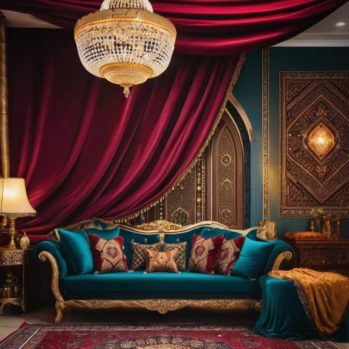 moroccan pattern,ornate room,bedchamber,interior decoration,damask background,riad,mahdavi,interior decor,opulently,opulent,sumptuous,arabic background,opulence,chaise lounge,ottoman,decor,persian norooz,damask,boisset,blue room,Photography,General,Realistic