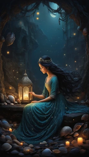 fantasy picture,cinderella,wishing well,fantasy art,fantasy portrait,fairy lanterns,fantasia,mermaid background,illuminated lantern,woman at the well,world digital painting,fortuneteller,candlelights,water nymph,lanterns,candlelight,belle,a fairy tale,mystical portrait of a girl,magical,Illustration,Abstract Fantasy,Abstract Fantasy 19