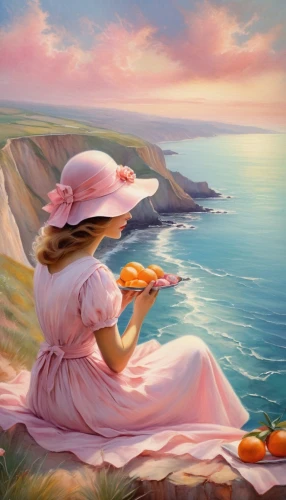 woman with ice-cream,woman holding pie,girl with bread-and-butter,heatherley,sea landscape,woman eating apple,woman playing,coastal landscape,nestruev,girl with cereal bowl,landscape with sea,coville,gantner,oil painting,italian painter,beach landscape,oil painting on canvas,art painting,salmon pink,hildebrandt,Conceptual Art,Daily,Daily 32