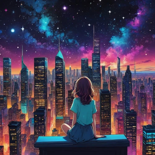 sci fiction illustration,cityscape,world digital painting,above the city,falling stars,beautiful wallpaper,city lights,cosmogirl,the night sky,space art,stargazing,dream world,city at night,the stars,night sky,skygazers,valerian,escapism,skyscrapers,sky apartment,Photography,Fashion Photography,Fashion Photography 09