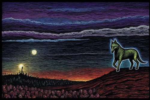 kelpie,man and horses,painted horse,howling wolf,equine,horses,caballo,black horse,unicorn art,equus,cheval,foal,horseman,coyotes,kelpies,huyghe,saluki,horse,chevaux,unicorn background,Illustration,Realistic Fantasy,Realistic Fantasy 33