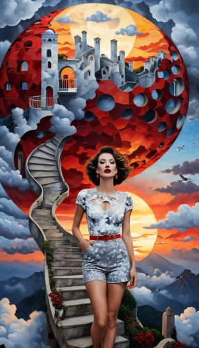 girl on the stairs,world digital painting,fantasy picture,queen of hearts,image manipulation,fantasy art,photo manipulation,earthship,photomontages,photomontage,photomanipulation,surrealism,photoshop manipulation,stairways,valentine day's pin up,valentine pin up,stairway to heaven,3d fantasy,imaginacion,dream art,Conceptual Art,Oil color,Oil Color 14