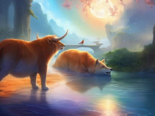 riverclan,starclan,skyclan,thunderclan,mountain cows,highland cow,highland cattle,fantasy picture,oxen,unicorn background,two cows,horned cows,epona,fantasy animal,leafstar,mountain cow,vacas,fantasy landscape,pumbaa,fireheart,Illustration,Realistic Fantasy,Realistic Fantasy 01