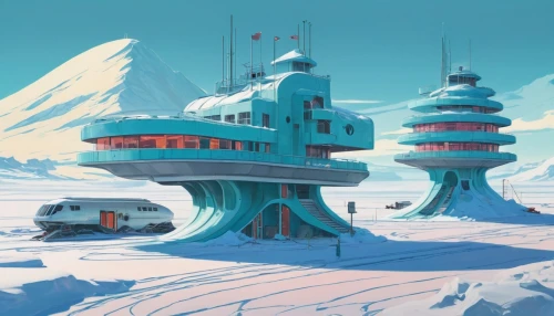 snowhotel,jetsons,ice planet,futuristic landscape,snow house,outpost,iceburg,sedensky,cybertown,sealab,north pole,ski resort,research station,igloos,winter house,snowville,snow roof,ski station,arctic,south pole,Conceptual Art,Sci-Fi,Sci-Fi 24