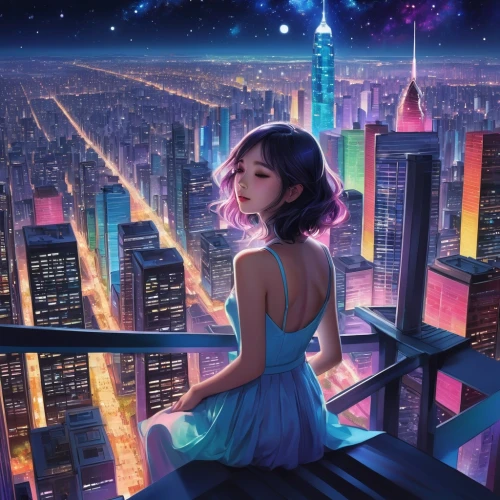 cityscape,fantasy city,city lights,above the city,cybercity,utada,tokyo city,sky city,chengli,cosmogirl,tanabata,skyline,imaginasian,starry sky,city at night,citylights,dream world,tsuneo,cybertown,star sky,Conceptual Art,Fantasy,Fantasy 03