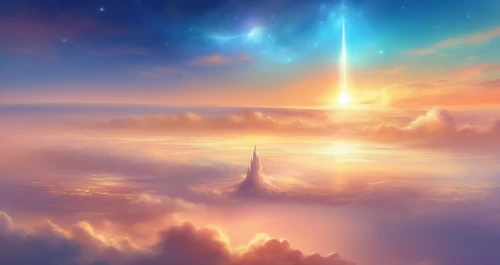 fantasy landscape,homeworld,futuristic landscape,skyfire,dreamscape,heavenward,skyreach,planetaria,sky,skylighted,cloudstreet,star sky,skyscape,above the clouds,sky space concept,beacon,cloudmont,skyflower,horizons,celestial,Illustration,Realistic Fantasy,Realistic Fantasy 01