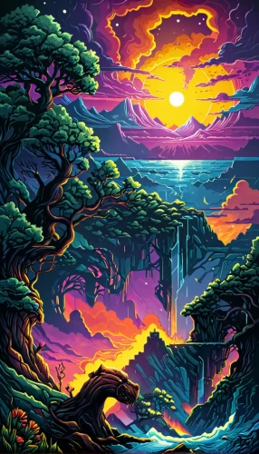 fantasy landscape,pixel art,paisaje,mushroom landscape,futuristic landscape,forest landscape,an island far away landscape,beautiful wallpaper,purple landscape,nature landscape,landscape background,3d fantasy,dusk,high landscape,tree tops,landscapes,coast sunset,ozark,tapestry,dusk background,Illustration,Realistic Fantasy,Realistic Fantasy 25