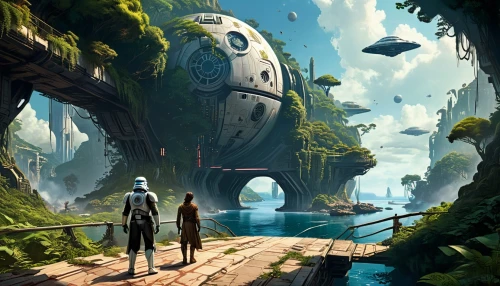 futuristic landscape,explorers,sci fiction illustration,adventure bridge,travelers,alien world,fantasy landscape,ecotopia,habitats,mushroom island,world digital painting,yavin,homeworld,mushroom landscape,fantasy picture,homeworlds,alien planet,exploration,game illustration,adventurers,Conceptual Art,Sci-Fi,Sci-Fi 24