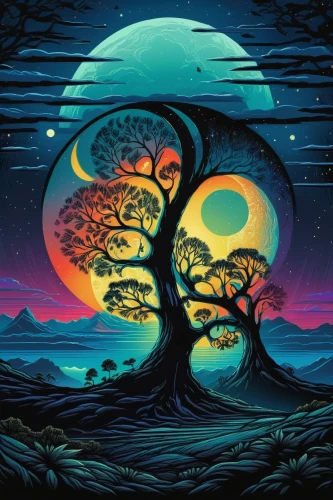 colorful tree of life,tree of life,magic tree,hanging moon,tangerine tree,moonrise,painted tree,lunar landscape,baobabs,the trees,mushroom landscape,beautiful wallpaper,fantasy landscape,moonscapes,trees,dusk background,a tree,bonsai,halloween background,tree,Illustration,Realistic Fantasy,Realistic Fantasy 25