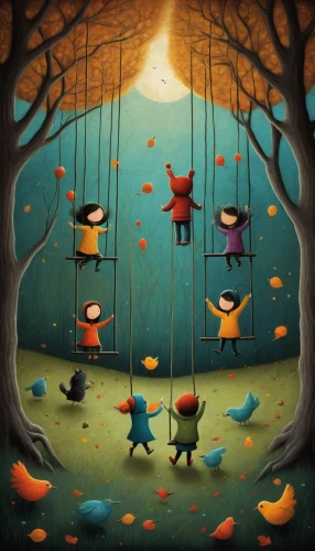 halloween illustration,halloween background,children's background,autumn background,halloween scene,halloween wallpaper,fairy lanterns,locoroco,fallen leaves,flock of birds,crying birds,kids illustration,halloween owls,the birds,flying birds,halloween poster,cartoon forest,lanterns,little birds,the autumn,Illustration,Abstract Fantasy,Abstract Fantasy 19