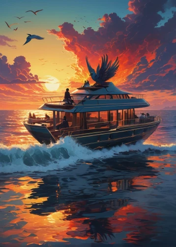 pineapple boat,boat landscape,water taxi,water boat,sea fantasy,boat,speedboat,pedalo,boat on sea,boat ride,floating island,jetski,jetboat,taxi boat,houseboat,yacht,speedboats,row boat,world digital painting,fishing boat,Conceptual Art,Oil color,Oil Color 12