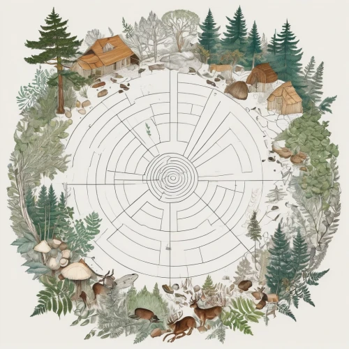 forest animals,woodland animals,x axis deer elk,interspecific,ecosphere,circular puzzle,round animals,mandala framework,wind rose,christmas circle,spruce forest,deer illustration,planisphere,dharma wheel,dartboard,winter animals,alethiometer,prize wheel,landscape plan,gillmor,Illustration,Black and White,Black and White 32