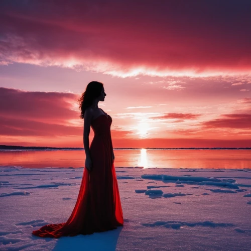 red sky,woman silhouette,girl in a long dress,red gown,mermaid silhouette,red cape,enchantment,romantica,celtic woman,frozen lake,lady in red,foresees,evening dress,romantique,man in red dress,icebound,melisandre,dawnstar,daybreak,sublimity,Photography,General,Realistic