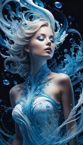 ice queen,blue enchantress,fluidity,the snow queen,aquarius,sirena,elsa,azzurro,fathom,water nymph,blue painting,bluefire,water rose,flowing water,naiad,sylphs,undine,white rose snow queen,azure,blueness,Illustration,Realistic Fantasy,Realistic Fantasy 20