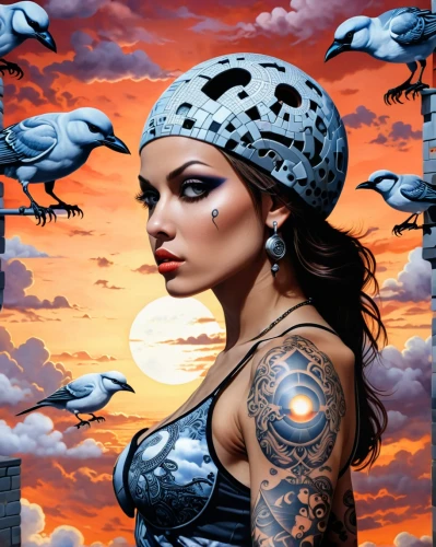 viveros,chicana,tattoo girl,fantasy art,inanna,birds of prey-night,cholas,rasputina,warrior woman,birds of prey,chola,fantasy portrait,chicanas,fantasy picture,crow queen,pin ups,bird of prey,bulletgirl,world digital painting,fantasy woman,Conceptual Art,Oil color,Oil Color 14