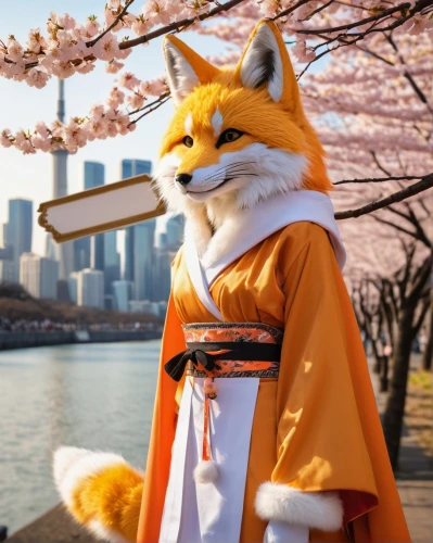 orange robes,kitsune,kunimitsu,cherry blossom festival,cute fox,adorable fox,foxvideo,outfox,hanbok,japanese sakura background,foxl,hanami,kiro,yukai,garrison,foxxy,a fox,yumiko,rakugo,kurama,Conceptual Art,Fantasy,Fantasy 32