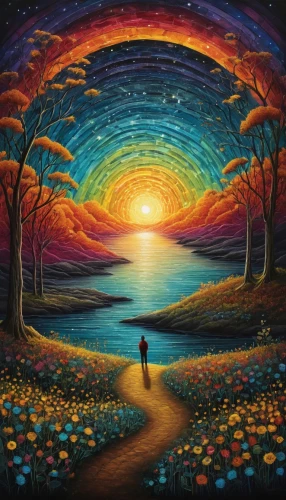 dmt,fantasy picture,colorful background,colorful tree of life,dream art,children's background,color fields,rainbow background,lsd,the mystical path,escapism,dreamscape,creative background,colorful light,psychosynthesis,art painting,fantasy art,landscape background,pathway,harmony of color,Illustration,Abstract Fantasy,Abstract Fantasy 19