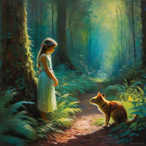 girl with dog,heatherley,oil painting on canvas,oil painting,fantasy picture,nasmith,girl with tree,forest path,hildebrandt,forest landscape,boy and dog,dmitriev,forest background,forest animals,forest walk,gantner,woodland animals,nestruev,in the forest,forest of dreams,Art,Classical Oil Painting,Classical Oil Painting 15