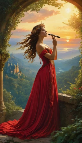 fantasy picture,serenade,serenata,woman playing violin,violinist,fantasy portrait,girl in a long dress,troubadour,violin player,fantasy art,fantasia,man in red dress,celtic woman,the flute,woman playing,violin woman,romantic portrait,world digital painting,musical background,red gown,Conceptual Art,Fantasy,Fantasy 05