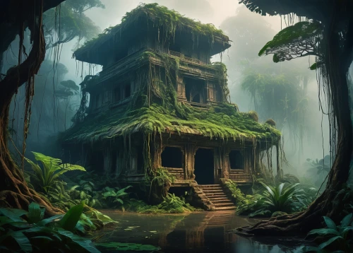 ancient house,house in the forest,forest house,tree house,yavin,tropical house,abandoned place,korowai,ancient city,treehouse,asian architecture,ancient buildings,witch's house,tropical forest,treehouses,rainforests,rainforest,philodendrons,rain forest,ancient ruins,Illustration,Paper based,Paper Based 04