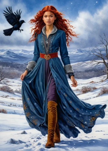 scotswoman,fantasy picture,shepherdess,tuatha,catelyn,celtic woman,dawnstar,the snow queen,boudicca,xanth,etain,wynonna,fantasy art,demelza,merida,boudica,heroic fantasy,imbolc,suit of the snow maiden,fantasy woman,Illustration,Retro,Retro 14