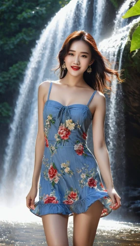 xuyen,vietnamese woman,flower background,water fall,waterfall,beautiful girl with flowers,cheongsam,xiaofei,landscape background,waterfalls,phuquy,flower water,girl in flowers,miss vietnam,japanese floral background,lily water,jolin,yifei,spring background,asian woman,Photography,General,Natural