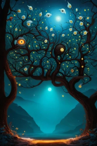 magic tree,tree of life,celtic tree,fantasy picture,cartoon video game background,art background,mushroom landscape,moon and star background,night scene,fantasy art,children's background,the branches of the tree,fireflies,fractals art,fairy forest,tree grove,nature background,moonlit night,blue moon,halloween background