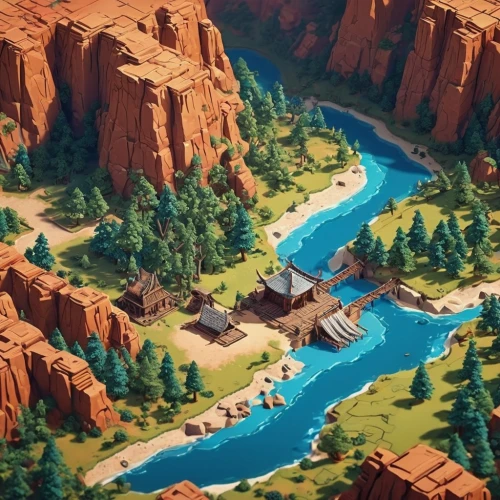 frontierland,zion,canyon,zions,angel's landing,ponderosa,river pines,wild west hotel,oheo gulch,mountain village,cartoon video game background,grand canyon,popeye village,valley,kanab,bogart village,yampa,mountain valley,alpine village,oasis,Unique,3D,Isometric