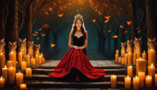 fantasy picture,queen of the night,sorceress,fantasy art,gothic woman,firelight,candlelights,magick,bewitching,persephone,lady of the night,fairy queen,the enchantress,candlelight,samhain,fairy tale,fire angel,fairytale,faerie,fairy tale character