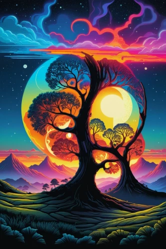 colorful tree of life,tree of life,tangerine tree,magic tree,painted tree,lone tree,isolated tree,baobabs,colorful background,mushroom landscape,beautiful wallpaper,fantasy landscape,tree silhouette,flourishing tree,nature background,baobab,landscape background,dusk background,tree,a tree,Illustration,Realistic Fantasy,Realistic Fantasy 25