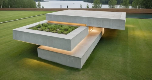 cubic house,grass roof,cube house,concrete blocks,dug-out pool,exposed concrete,modern architecture,modern house,concrete construction,cube stilt houses,flower boxes,concrete slabs,inverted cottage,landscaped,roof garden,archidaily,artificial grass,concrete wall,hydroponics,roof terrace,Photography,General,Realistic