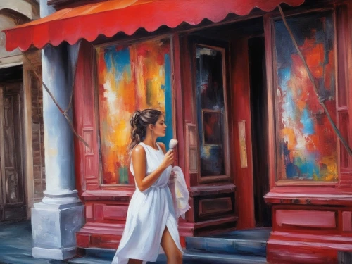 girl in a long dress,italian painter,girl walking away,photo painting,vettriano,bohemian art,meticulous painting,girl in a long dress from the back,painted lady,painter,photorealist,art painting,carneades,facade painting,oil painting,shophouses,woman walking,world digital painting,mexican painter,tryst,Illustration,Paper based,Paper Based 04